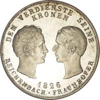 reverse of 1 Conventionsthaler - Ludwig I - Reichenbach and Fraunhofer (1826) coin with KM# 721 from German States. Inscription: DEM VERDIENSTE SEINE KRONEN 1826 REICHENBACH + FRAUNHOFER