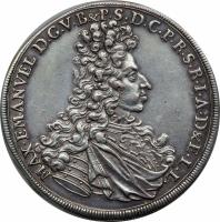 obverse of 1 Thaler - Maximilian II (1694) coin with KM# 363.1 from German States. Inscription: MAX. EMANVEL. D. G. V. B & P. S. D. C. P. R. S. R. I. A. D & E. L. L.