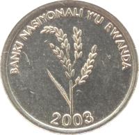 obverse of 1 Franc (2003) coin with KM# 22 from Rwanda. Inscription: BANK NASIYONALI Y'U RWANDA