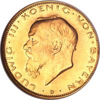 obverse of 20 Mark - Ludwig III (1914) coin with KM# 1009 from German States. Inscription: LUDWIG · III · KOENIG · VON · BAYERN · D ·