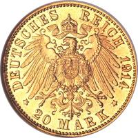 reverse of 20 Mark - Ludwig III (1914) coin with KM# 1009 from German States. Inscription: DEUTSCHES REICH 1914 * 20 MARK *