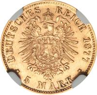 reverse of 5 Mark - Ludwig II (1877 - 1878) coin with KM# 904 from German States. Inscription: DEUTSCHES REICH 1877 * 5 MARK *