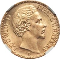 obverse of 20 Mark - Ludwig II (1874 - 1878) coin with KM# 900 from German States. Inscription: LUDWIG II KOENIG V.BAYERN