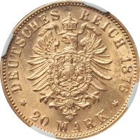 reverse of 20 Mark - Ludwig II (1874 - 1878) coin with KM# 900 from German States. Inscription: DEUTSCHES REICH 1876 * 20 MARK *