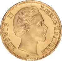 obverse of 10 Mark - Ludwig II (1874 - 1881) coin with KM# 898 from German States. Inscription: LUDWIG II KONIG V.BAYERN