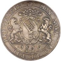 reverse of 1 Thaler - Ferdinand III (1650 - 1657) coin with KM# 116 from German States. Inscription: BREMENSIS · · MON : NOVA : ARG : RIEPUB. · 1650 · · T · I ·