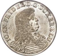 obverse of 2/3 Thaler - Ernst August (1676 - 1679) coin with KM# 187 from German States. Inscription: IOAN:FRIDER:D.G · DUX BR:E · LU ·