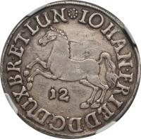 obverse of 12 Mariengroschen - Johann Friedrich (1668 - 1673) coin with KM# 123 from German States. Inscription: IOHAN.FRIED.D.G.DUXBR.ETLUN*