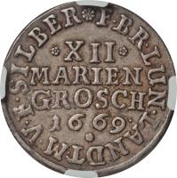 reverse of 12 Mariengroschen - Johann Friedrich (1668 - 1673) coin with KM# 123 from German States. Inscription: *XII* MARIEN GROSCH 1669. F.BR.LUN.LANDT.M.V.S.SILBER