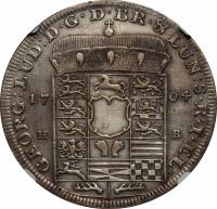 obverse of 1 Thaler - George I (1698 - 1705) coin with KM# 20 from German States. Inscription: GERORG:LUD:D.G.D.BR.& LUN:S.L.I.EL. 1704 HB