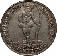 reverse of 1 Thaler - Christian Ludwig (1654 - 1665) coin with KM# 237 from German States. Inscription: SINCERE . ET . CONSTANTER . ANNO.1660.HS.