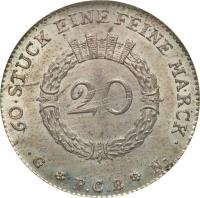 reverse of 20 Kreuzer (1776) coin with KM# 255 from German States. Inscription: 60.STUCK EINE FEINE MARCK. 20