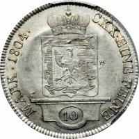 reverse of 10 Kreuzer - Karl Joachim (1804) coin with KM# 38 from German States. Inscription: MARK.1804. CXX · EINE FEINE 10