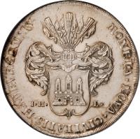 reverse of 1 Thaler - Karl VI (1735) coin with KM# 386 from German States. Inscription: MONET. NOV. CIVITAT. HAMBVRG. ANNO IVBIL. II. I · H · L ·