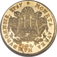 reverse of 2 Ducat - Franz I - Trade Coinage (1754 - 1765) coin with KM# 413 from German States. Inscription: MONETA AVREA HAMBVRGENSIS. 1757 I · H · L ·