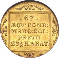 reverse of 1 Ducat - Trade Coinage (1835 - 1842) coin with KM# 552 from German States. Inscription: .67. · QV:POND: MARC:COL: PRETII 23 1/2 KARAT.