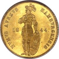 obverse of 1 Ducat - Trade Coinage (1843 - 1850) coin with KM# 560 from German States. Inscription: NVMVS AVREVS HAMBVRGENSIS. 18 44.