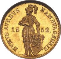 obverse of 1 Ducat - Trade Coinage (1851 - 1852) coin with KM# 576 from German States. Inscription: NVMVS AVREVS HAMBVRGENSIS 18 52.