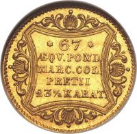 reverse of 1 Ducat - Trade Coinage (1851 - 1852) coin with KM# 576 from German States. Inscription: * 67 * · QV:POND: MARC:COL: PRETII 23 1/2 KARAT