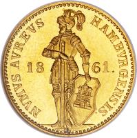 obverse of 1 Ducat - Trade Coinage (1854 - 1867) coin with KM# 579 from German States. Inscription: NVMVS AVREVS HAMBVRGENSIS. 18 61.