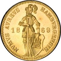 obverse of 1 Ducat - Trade Coinage (1868 - 1872) coin with KM# 589 from German States. Inscription: NVMVS AUREVS HAMBVRGENSIS 18 69