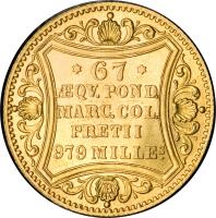 reverse of 1 Ducat - Trade Coinage (1868 - 1872) coin with KM# 589 from German States. Inscription: .67. · QV.POND. MARC.COL. PRETII 979 MILLES B