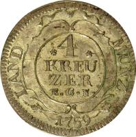 reverse of 4 Kreuzer - Ludwig IX (1759) coin with KM# 125 from German States. Inscription: LAND MÜNZ 4 KREU ZER