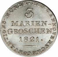 reverse of 3 Mariengroschen - George IV (1820 - 1821) coin with KM# 120 from German States. Inscription: HANNOVERSCHE CONVENTIONS-MUNZE.KON 3 MARIEN-GROSCHEN 1821.