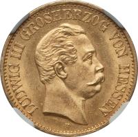 obverse of 10 Mark - Ludwig III (1872 - 1873) coin with KM# 350 from German States. Inscription: LUDWIG III GROSHERZOG VON HESSEN