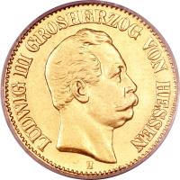 obverse of 10 Mark - Ludwig III (1875 - 1877) coin with KM# 354 from German States. Inscription: LUDWIG III GROSHERZOG VON HESSEN H