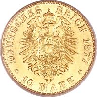 reverse of 10 Mark - Ludwig III (1875 - 1877) coin with KM# 354 from German States. Inscription: DEUTSCHES REICH 1877 * 10 MARK *