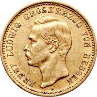 obverse of 10 Mark - Ernst Ludwig (1896 - 1898) coin with KM# 370 from German States. Inscription: ERNST LUDWIG GROSHERZOG VON HESSEN A