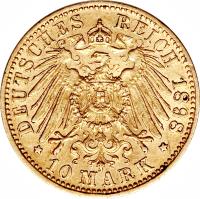 reverse of 10 Mark - Ernst Ludwig (1896 - 1898) coin with KM# 370 from German States. Inscription: DEUTSCHES REICH 1888 * 10 MARK *