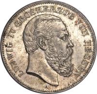 obverse of 5 Mark - Ludwig IV (1891) coin with KM# 364 from German States. Inscription: LUDWIG IV GROSHERZOG VON HESSEN