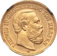 obverse of 10 Mark - Ludwig IV (1878 - 1880) coin with KM# 358 from German States. Inscription: LUDWIG IV GROSHERZOG VON HESSEN