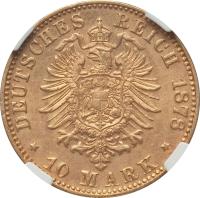 reverse of 10 Mark - Ludwig IV (1878 - 1880) coin with KM# 358 from German States. Inscription: DEUTSCHES REICH 1878 * 10 Mark *