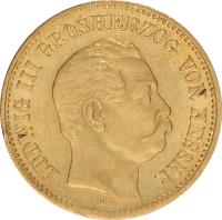 obverse of 5 Mark - Ludwig III (1877) coin with KM# 356 from German States. Inscription: LUDWIG III GROSHERZOG VON HESSEN