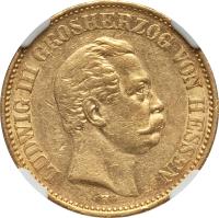 obverse of 20 Mark - Ludwig III (1874) coin with KM# 352 from German States. Inscription: LUDWIG III GROSHERZOG VON HESSEN