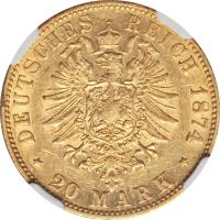 reverse of 20 Mark - Ludwig III (1874) coin with KM# 352 from German States. Inscription: DEUTSCHES REICH 1874 * 20 Mark *