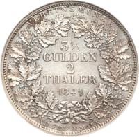 reverse of 2 Thaler / 3 1/2 Gulden - Karl (1841 - 1843) coin with KM# 20 from German States. Inscription: VEREINSMÜNZE 3½ GULDEN 2 THALER 1841 VII EINE F.MARK