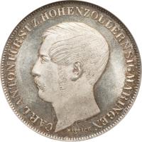 obverse of 1 Gulden - Karl Anton (1849) coin with KM# 25 from German States. Inscription: CARL ANTON FURST Z. HOHENZOLLERN SIGMARINGEN BALBACH