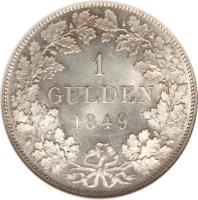 reverse of 1 Gulden - Karl Anton (1849) coin with KM# 25 from German States. Inscription: 1 GULDEN 1849