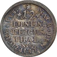 reverse of 1/12 Thaler - Johann Wilhelm (1710 - 1714) coin with KM# 136 from German States. Inscription: NACH.DEN.LEIPZIGER.FVS. *12* EINEN. REICHS. THAL. .N.P.