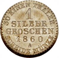 reverse of 1 Silber Groschen - Paul Friedrich Emil Leopold III (1860) coin with KM# 265 from German States. Inscription: 30 EINEN THALER 1 SILBER GROSCHEN 1860 A SCHEIDE MÜNZE