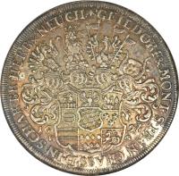 obverse of 1 Thaler - Heinrich Friedrich (1697) coin with KM# 16 from German States. Inscription: GEILDORF & MONT. S. PR. IN CHASS. D. IN SCHAR. BR. HERB & NEUCH.