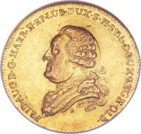 obverse of 5 Thaler - Friedrich August (1776) coin with KM# 87 from German States. Inscription: FRID · AUG D · G · HAER · N · EP · LUB · DUX · S · H · ST · & · D · DUX · REGN · OLD · B