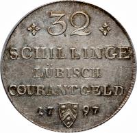 reverse of 32 Schilling - Franz II (1796 - 1797) coin with KM# 199 from German States. Inscription: 32 SCHILLINGE LÜBISCH COURANT GELD 17 97