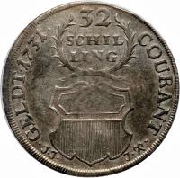 reverse of 32 Schilling - Karl VI (1731 - 1738) coin with KM# 154 from German States. Inscription: 32 SCHIL LING · GELDT · 1731 · COURANT · J · J · J · X ·