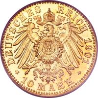 reverse of 10 Mark (1901 - 1904) coin with KM# 211 from German States. Inscription: DEUTSCHES REICH 1901 * 10 MARK *