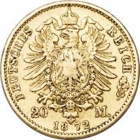 reverse of 20 Mark - Friedrich Franz II (1872) coin with KM# 319 from German States. Inscription: DEUTSCHES REICH 20	M. 1872